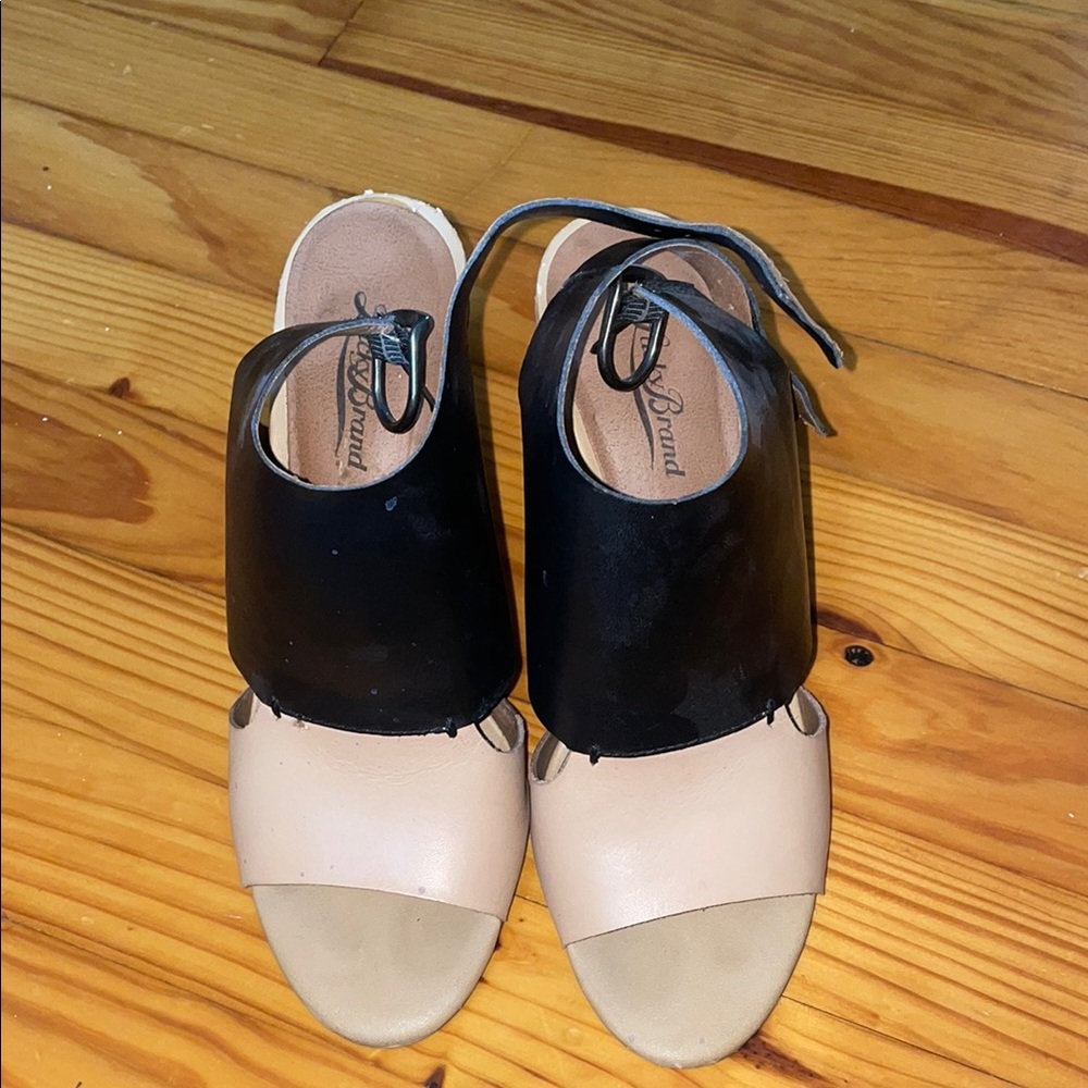Lucky Brand Black and Cream Heels with Ankle Strap